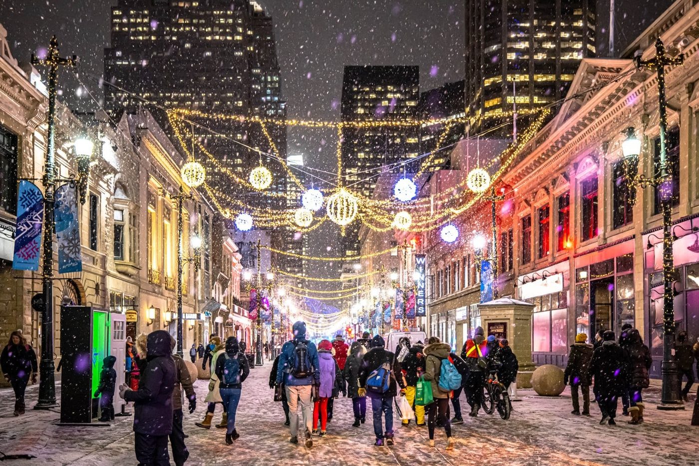 Stephen Avenue in downtown Calgary lit up at night