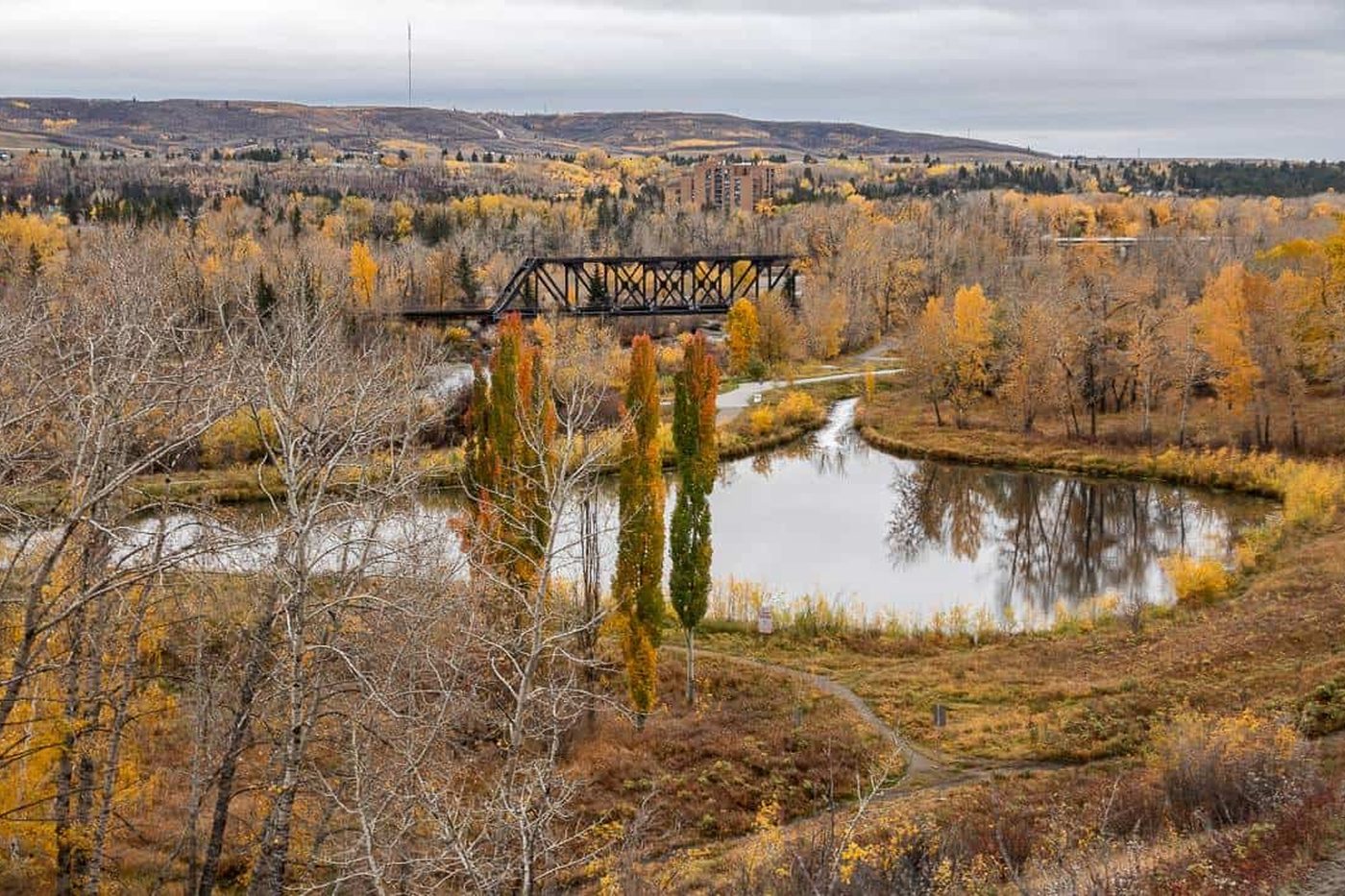 The Bow River valley in autumn on the edge of the city